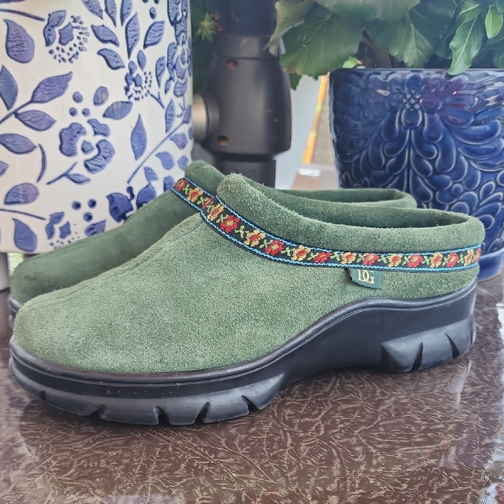 Green Suede Clogs with Embroidered Trim